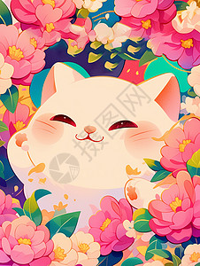 粉色花丛中一只可爱的卡通小猫背景图片