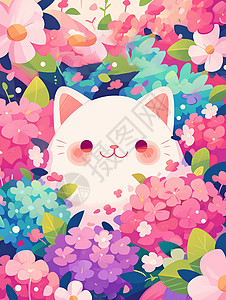 在粉色花丛中一只卡通小猫背景图片
