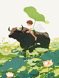 坐在大黑牛背上的卡通小牧童头顶着荷叶插画