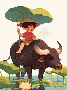 大黑牛背上的卡通小牧童头顶着荷叶高清图片