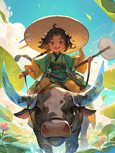 清明节骑着大牛的卡通小女孩背景图片
