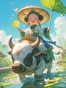 清明节骑着大牛卡通可爱小女孩背景图片