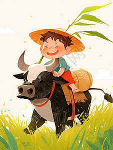 大黑牛骑着牛开心笑的卡通小男孩插画