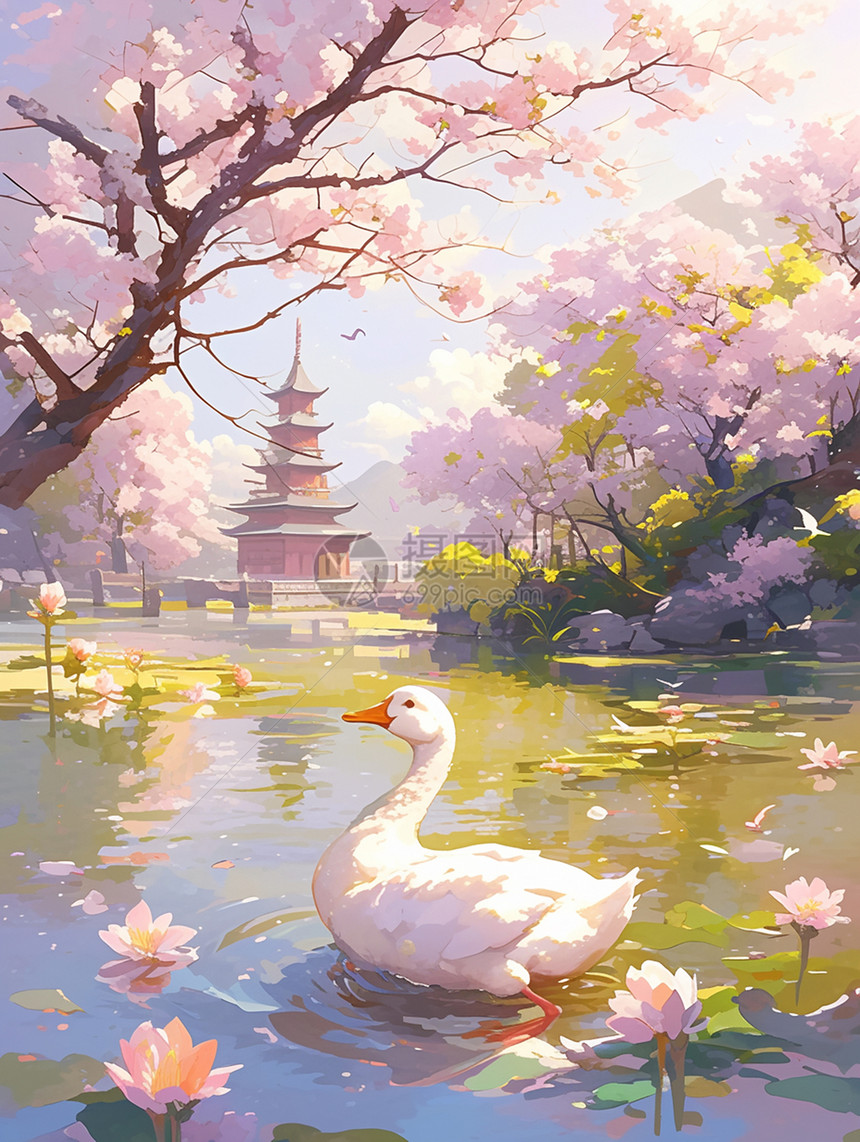 春天桃花盛开一只大鹅在湖中悠闲的游泳图片