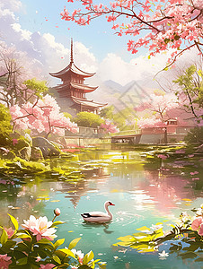 春天大鹅在湖中悠闲的游泳背景图片