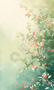 绿背景前的花春季绿色调一簇盛开的卡通小花梦幻唯美插画