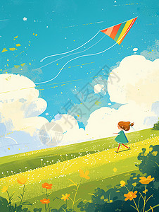 春天在野外放风筝的卡通小朋友儿童插画高清图片