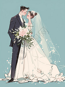 手捧着花束面对面甜蜜的卡通新郎新娘高清图片