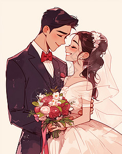 结婚花束手捧着花束卡通新郎新娘插画