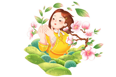 春天草地桃花景观春季女孩卡通人物形象高清图片