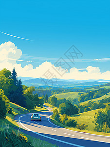 俯视山路春天在森林中公路上行驶的卡通汽车插画