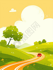 一辆小汽车山中小路行驶着一辆红色卡通小汽车扁平风插画插画
