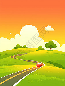 一辆小汽车春天行驶着一辆红色卡通小汽车扁平风插画插画