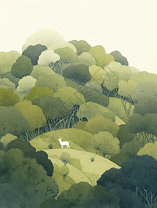 绿坡站在森林中山坡上一只卡通小鹿插画