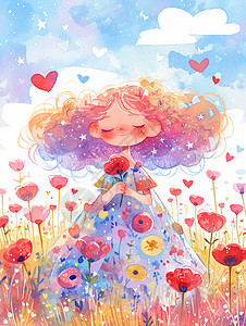坐在花丛中粉色蓬蓬头发可爱的卡通小女孩高清图片