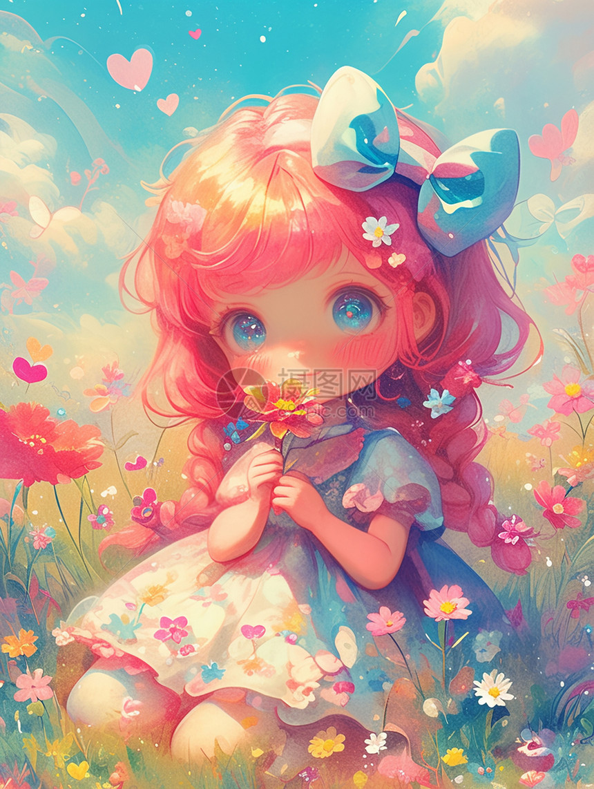 春天坐在花丛中蓬蓬头发可爱的卡通小女孩图片