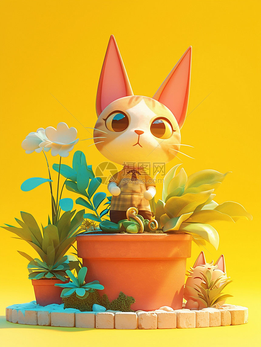 立体可爱的小花猫在花盆上图片
