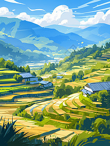春天蓝天白云下乡村间唯美精密的卡通小村庄背景图片