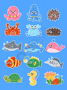鱿鱼酱手绘卡通海洋动物扁平可爱肌理风套图插画