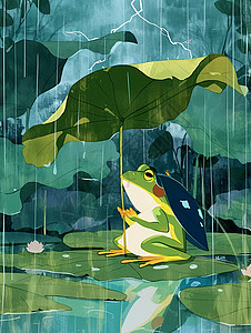 拿着荷叶伞坐在荷叶上躲雨的卡通小青蛙背景图片