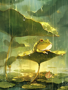 拿着荷叶的青蛙雨中拿着荷叶坐在荷叶上躲雨的卡通小青蛙插画