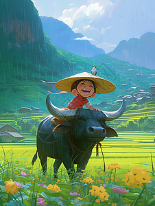 清明节骑着大黑牛坐在大黑牛身上可爱的卡通小男孩插画