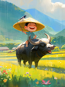 安格斯黑牛雨中清明节骑着大黑牛坐在大黑牛身上可爱的卡通小男孩插画