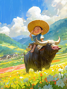 安格斯黑牛雨中清明节骑着大黑牛身上可爱的卡通小男孩插画