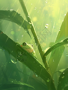 春天雨中趴在植物叶子上一直绿色可爱的卡通小青蛙背景图片
