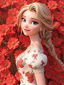 金发漂亮的卡通美女站在花丛旁高清图片