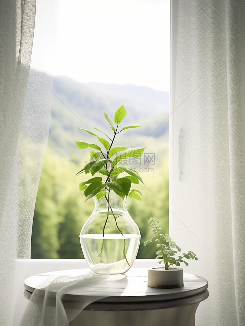 窗台上一瓶新鲜的卡通绿植图片