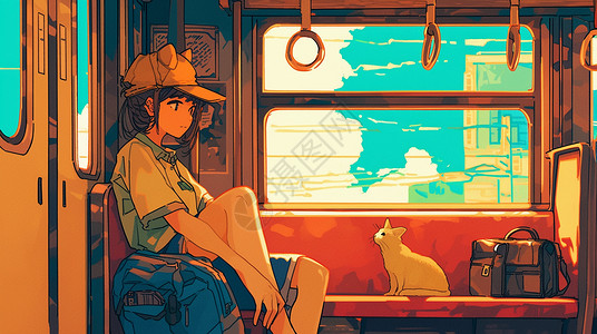 坐车旅行戴着帽子与宠物猫一起坐车的旅行的卡通年轻女孩插画
