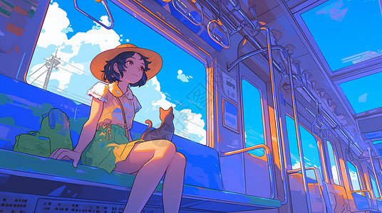 女卡通人物戴着帽子与宠物猫一起坐车的旅行的卡通年轻女孩插画