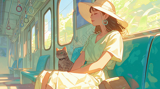 戴猫帽子戴着帽子与猫一起坐车的旅行的卡通年轻女孩插画