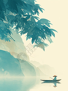 春天湖面上一个戴草帽的卡通人物在钓鱼背景图片
