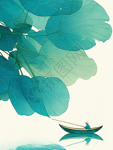 在凤琉湖简约唯美的插画一个小小人物在湖面上钓鱼插画