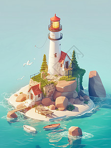 大海上一个高高的卡通瞭望塔背景图片