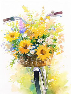 自行车车筐里一束唯美的卡通花朵背景图片