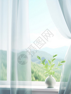 一瓶花春天在窗台上放着一瓶嫩绿色卡通绿植插画
