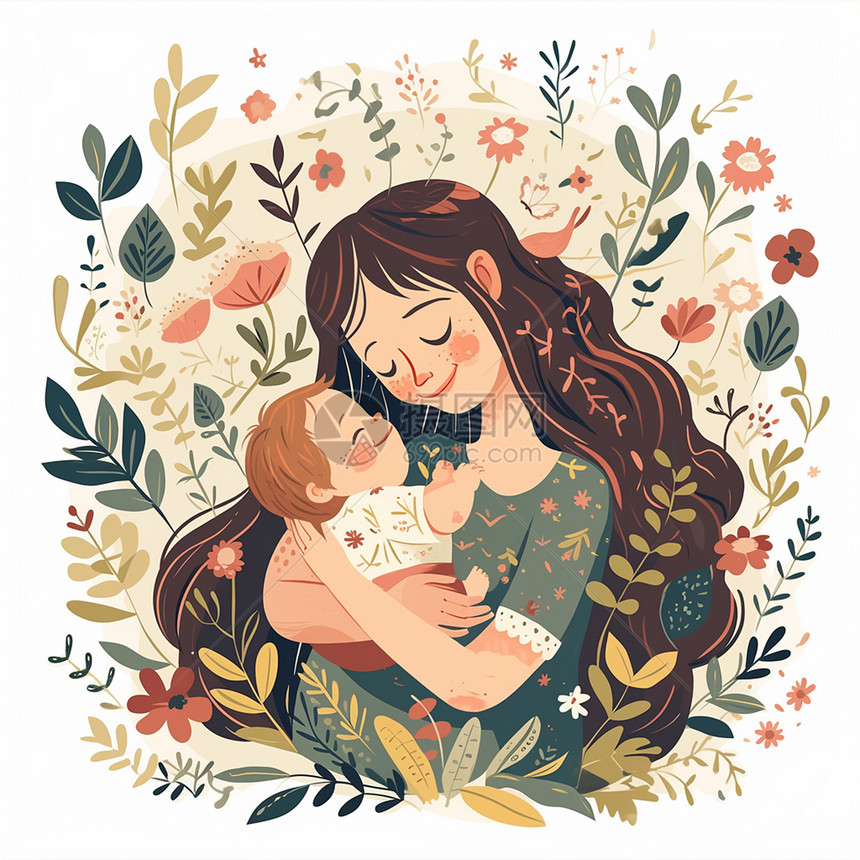 一个长发的母亲怀中抱着她的孩子插画图片