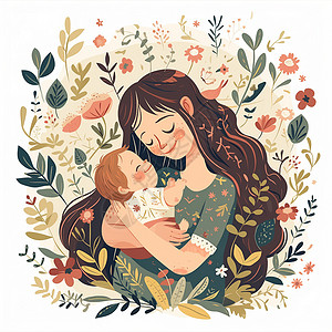 一个长发的母亲怀中抱着她的孩子插画插画