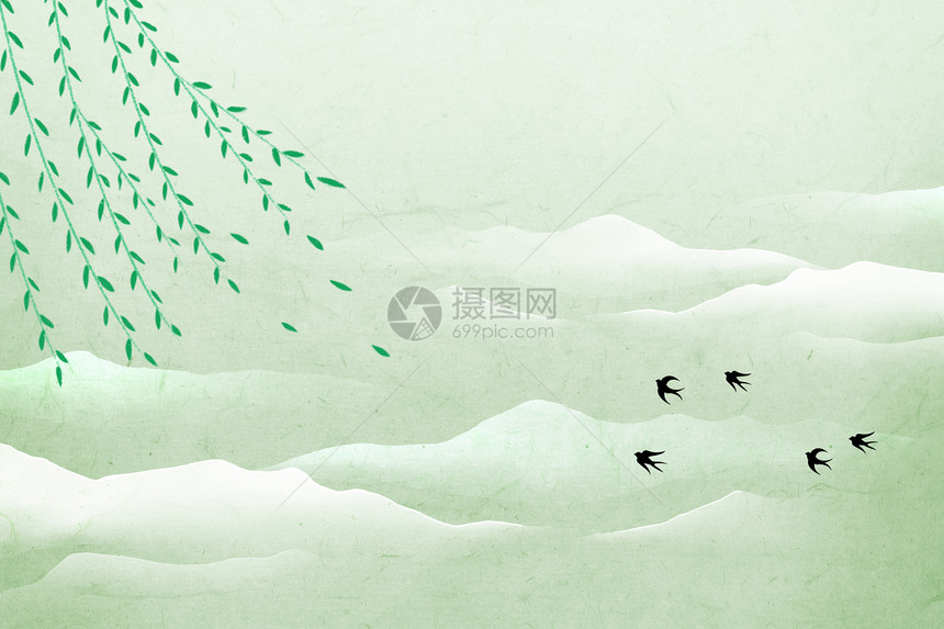中式大气山水柳树燕子春天背景图片