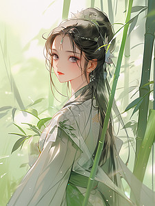 在竹林中穿绿色古风服装的卡通美女背景图片