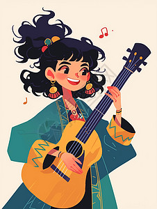 卡通弹吉他人物绿色古风服装弹乐器开心笑的女孩插画
