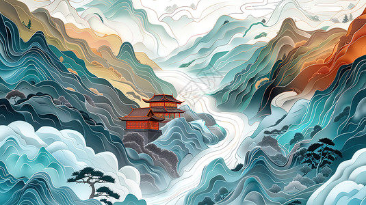 扁平风山水春天国风山水插画插画