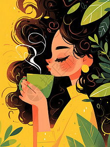 咖啡女素材正在优雅的喝咖啡的时尚卡通女青年插画