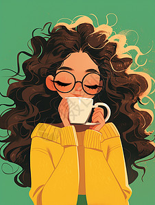 绿色咖啡喝咖啡的时尚卡通女青年插画