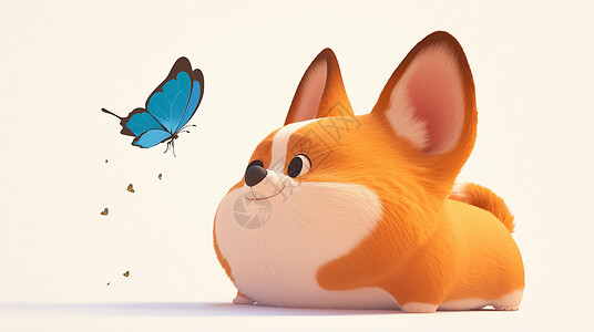 与蝴蝶玩耍的可爱卡通柯基犬背景图片