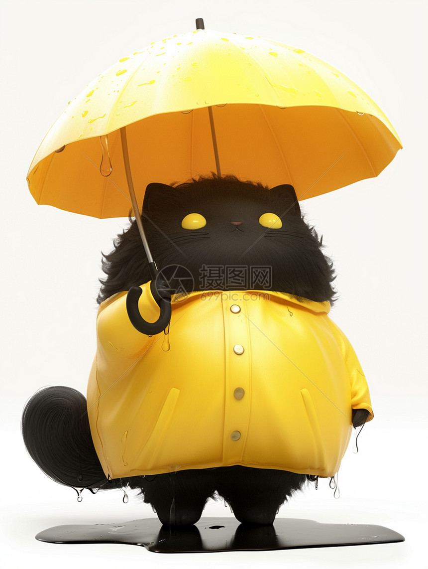 穿着黄色雨衣撑着小伞的黑色可爱卡通猫图片