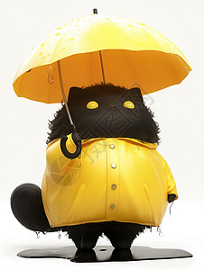 穿着黄色雨衣撑着小伞的黑色可爱卡通猫高清图片